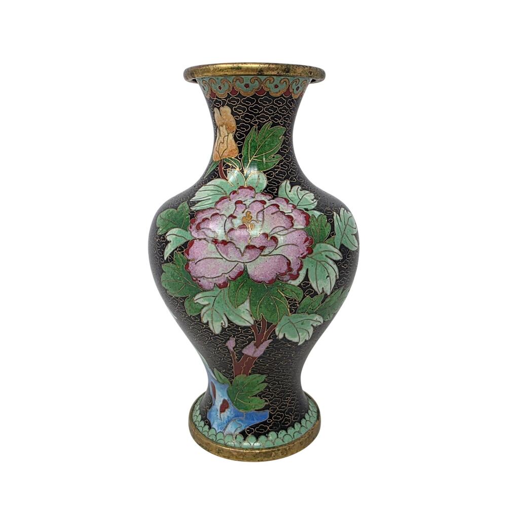 Vintage Zi Jin Cheng Chinese Cloisonné Vase Peony Butterfly 7 Inch